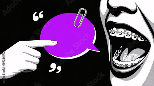 A hand pointing to a purple speech bubble with a paperclip near an open mouth with braces