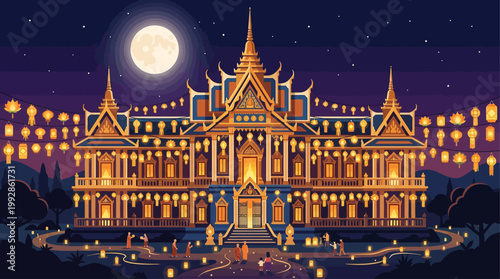 An atmospheric flat design illustration showcasing a Buddhist temple brightly lit with Vesak lanterns under a full moon, celebrating the sacred festival.