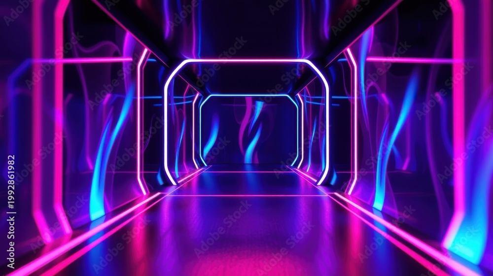 Obraz premium Neon tunnel extends into darkness. Vibrant pinks, blues create futuristic space. Geometric shapes dominate composition. Light reflects off glossy surfaces.