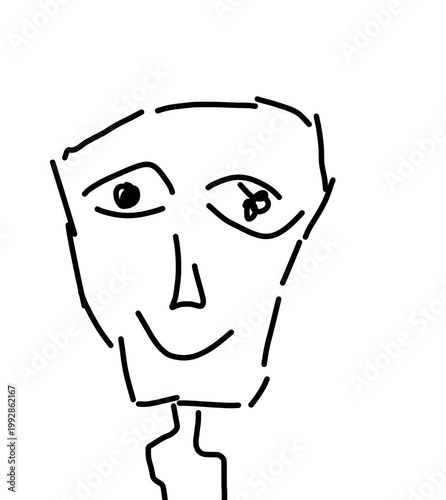 Minimalist hand drawn black line art sketch of a smiling male character face

