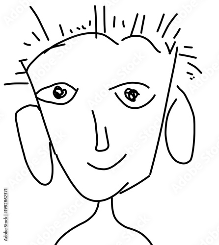 Minimalist hand drawn line art sketch of a smiling character with spiky hair