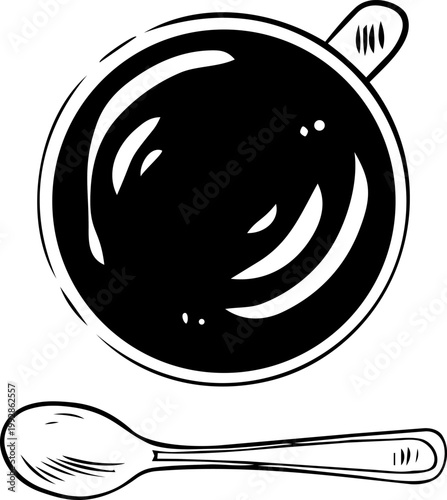 Vector doodle hand drawn coffee cup high angle view with spoon isolated on white background