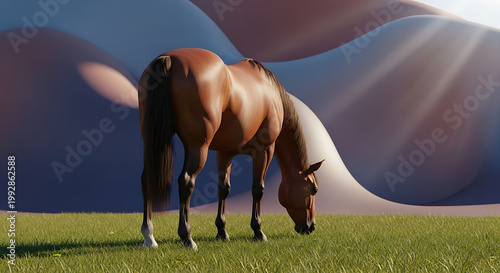 A solitary brown horse grazing peacefully in a sunlit grassy field with rolling desert dunes in the background, casting long shadows.