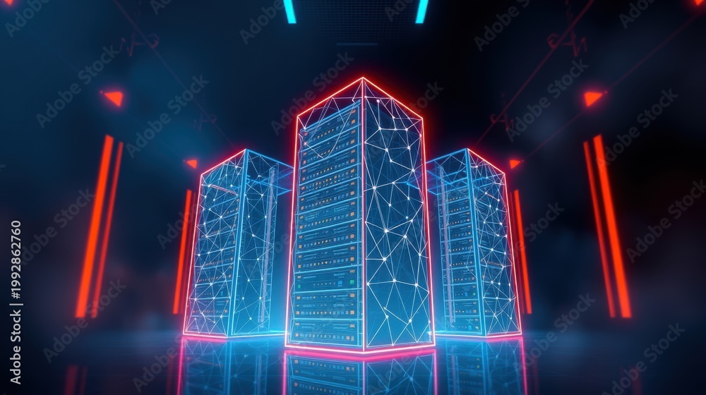 Fototapeta premium Futuristic server room visualization. Neon lights illuminate digital structures, creating vibrant reflections. Data flows visibly within network architecture.