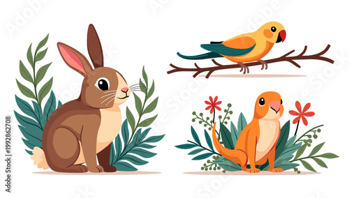 A charming illustration of a curled-up cat beside lush green plants evokes feelings of comfort and tranquility. Ideal for pet-related content, home de