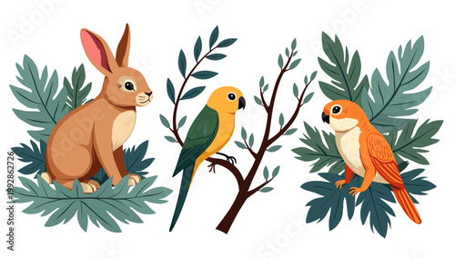 This charming illustration depicts a squirrel nestled among lush green leaves, evoking feelings of peace and tranquility. Ideal for nature-themed cont