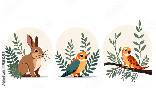 This charming illustration depicts a brown rabbit amidst foliage, evoking a sense of peace and natural beauty. Ideal for children's books, springtime 