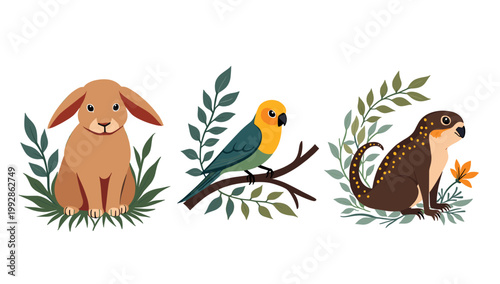 A charming illustration of a brown rabbit with green foliage, evoking feelings of tranquility and natural beauty. Ideal for children's books, springti