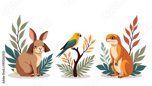 A charming illustration of a brown rabbit resting near leafy foliage. Perfect for children's books, spring-themed designs, or adding a touch of sweetn