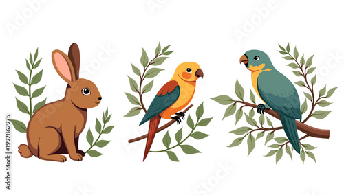 A charming illustration of a brown rabbit seated near green foliage. Ideal for children's content, springtime marketing, or adding a touch of whimsy t