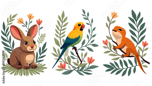 A charming illustration of a brown rabbit surrounded by green foliage. Ideal for children's content, springtime themes, or playful branding materials.