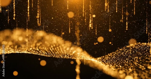 Golden particles cascade in waves, creating a mesmerizing visual effect against a dark backdrop