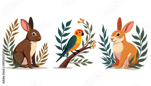 A charming illustration of a hare alongside lush green foliage. Perfect for springtime designs, children’s books, or branding seeking a natural and fr