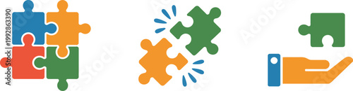 Puzzle piece solution and problem solving concept, teamwork strategy, connection and business idea symbol vector illustration for corporate planning, collaboration, and innovation design projects.