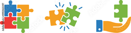 Puzzle piece solution and problem solving concept, teamwork strategy, connection and business idea symbol vector illustration for corporate planning, collaboration, and innovation design projects.