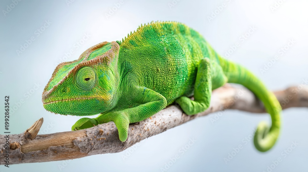 Fototapeta premium Green Chameleon Resting on Curved Branch in Natural Habitat Setting