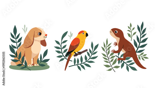 A charming illustration of a squirrel peacefully resting amongst lush green foliage. Perfect for children's media, nature-themed projects, or conveyin