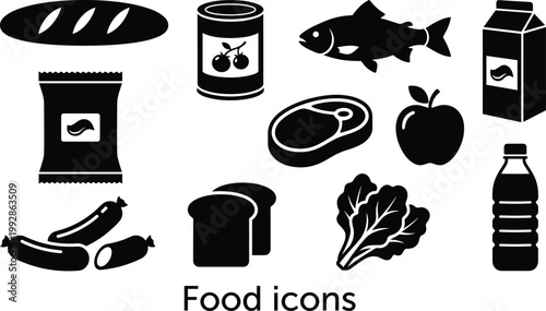 Comprehensive Collection of Black and White Grocery Store Food Icons Including Bread Meat Fish Vegetables and Drinks for Supermarket Signage and Digital App Design.