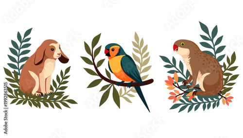 A cheerful illustration of a brown dog sitting amongst lush green leaves. Perfect for conveying themes of pet care, nature, happiness, or creating a w