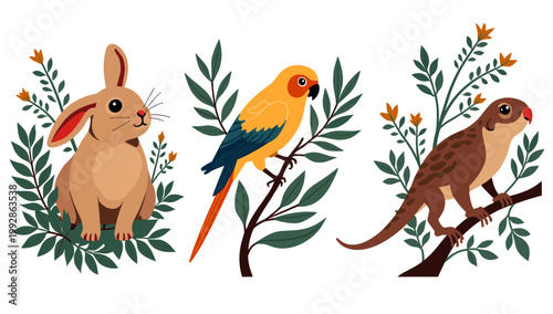 A charming illustration of a relaxed rabbit nestled amongst lush green leaves, evoking feelings of peace and tranquility. Ideal for spring themes, chi