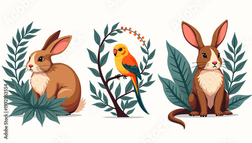A charming illustration of a rabbit alongside lush green plants. Ideal for springtime themes, children's content, or branding that conveys a sense of 