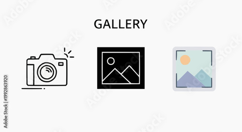 Image Gallery and Photo Album Icon Set - Outline, Solid, and Flat Color Styles for UI/UX Design