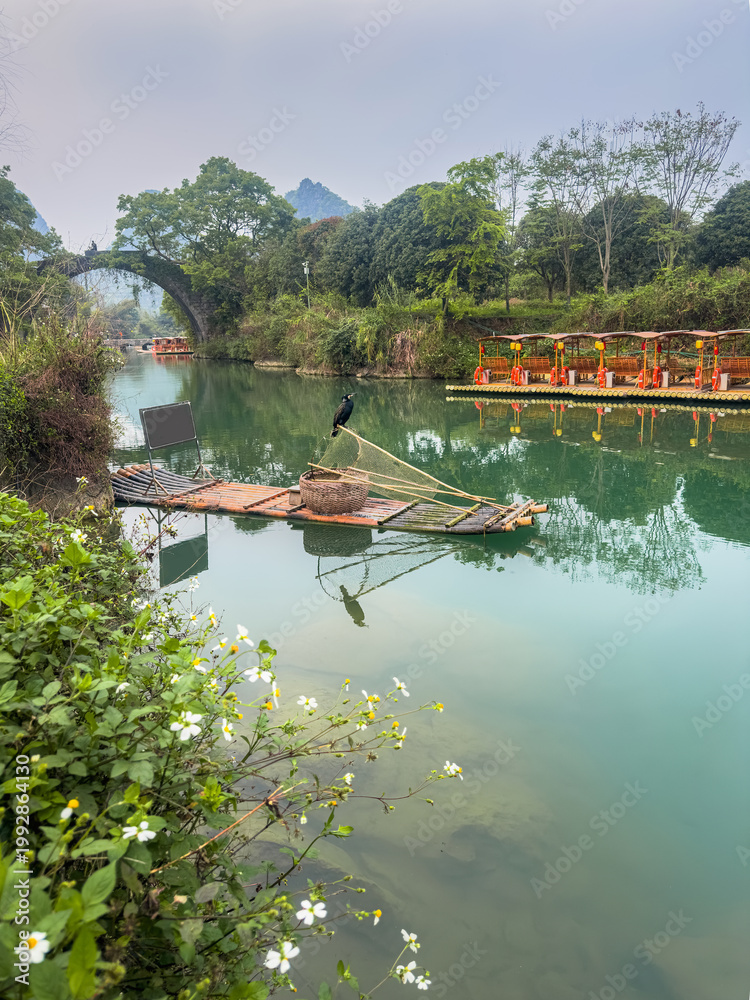 Fototapeta premium Rustic wooden raft with cormorant floats on calm green river.