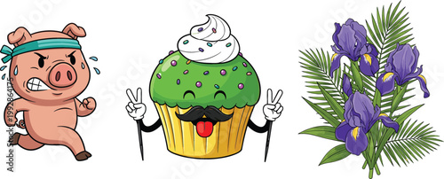 Funny running pig character, cute cartoon cupcake with face and mustache, and purple iris flowers with leaves in colorful vector illustration set