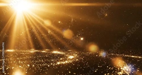 Golden rays of sunlight illuminate a sparkling cosmic landscape with distant stars and particles