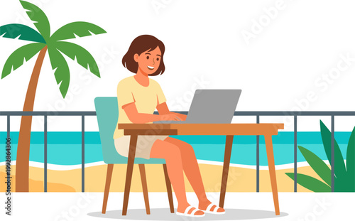 Woman works on laptop at beachside table under palm tree by ocean