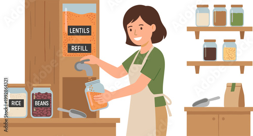 A woman refills a container with lentils at a store shelf.