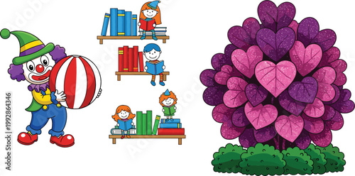 Cute clown with ball children reading books on shelves and heart shaped tree decorative cartoon vector illustration set for kids design