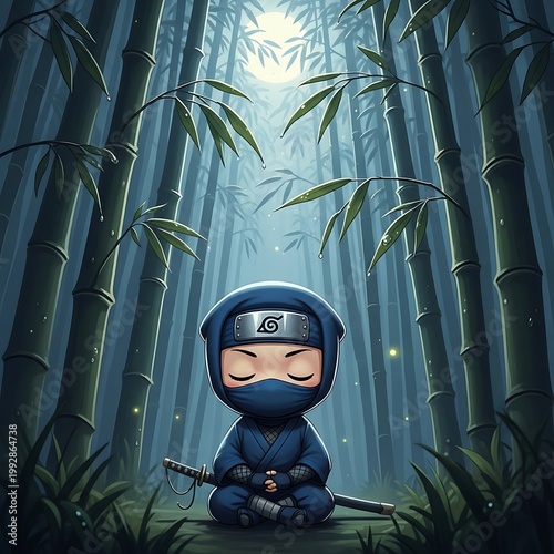 A serene cartoon ninja meditates peacefully amid towering bamboo stalks under a soft, moonlit glow
