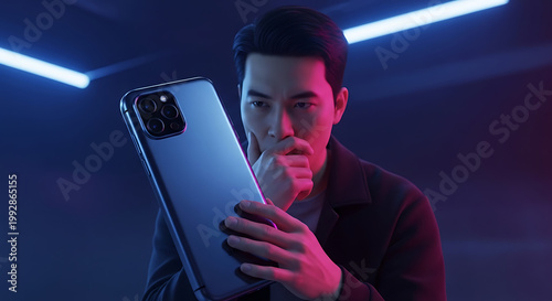 Asian man in dark jacket examining sleek smartphone with camera array, neon blue and pink lighting, futuristic tech concept