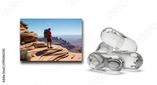Backpacking man overlooking vast canyon vista, pill capsules nearby, symbolizing health and adventure tourism