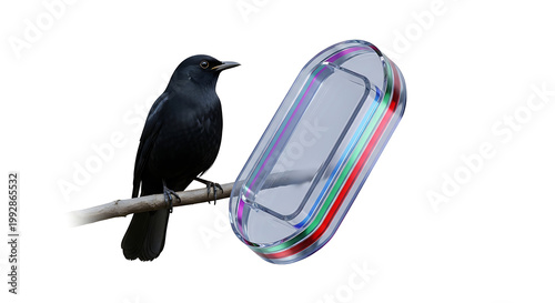 Black bird perched on a branch near a futuristic metallic oval object with colorful LED lights, isolated on white