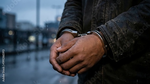 Close up of arrested man hands in handcuffs during rainy evening in city street showing criminal justice law enforcement detainee prisoner outdoor background social problem concept.