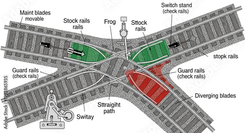 Diagram of a railway track switch mechanism and points.