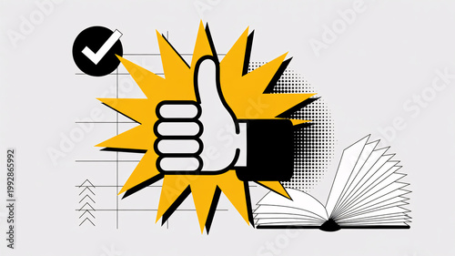 A stylized illustration of a thumbs up surrounded by a yellow starburst and an open book on a light gray background