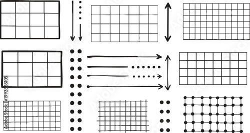Set of Grid, Table, and Dot Pattern Design Elements with Arrows on White Background

