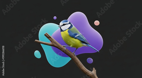Blue tit bird perched on a tree branch with abstract colorful liquid blobs and small dots floating around against a dark background, nature and digital art blend