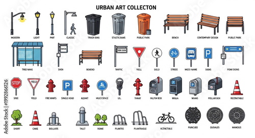 Urban Street Elements Collection Vector Illustration.
