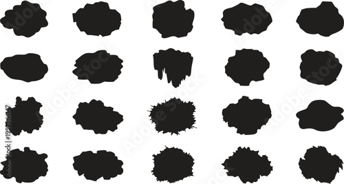 Set of Black Ink Splatter Splat Brushes and Grunge Textured Paint Blot Elements for Creative Graphic Design