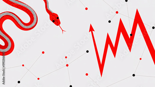 A graphic illustration of a red snake and a jagged red arrow on a white background with black and red dots