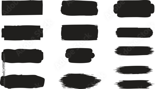Collection of Black Grunge Textured Banner Shapes and Paint Brush Stroke Frames for Text Backgrounds