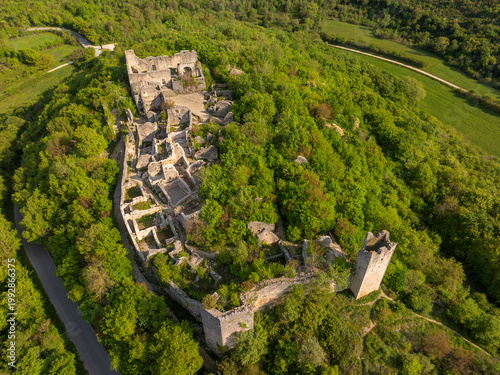 Aerial view of Dvigrad medieval castle ruins in Istria, Croatia