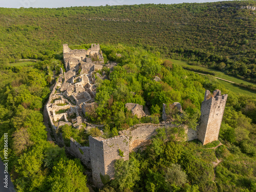 Aerial view of Dvigrad medieval castle ruins in Istria, Croatia