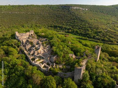 Aerial view of Dvigrad medieval castle ruins in Istria, Croatia