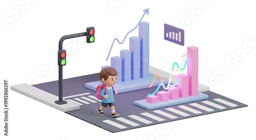 Boy with backpack crosses street past financial growth charts, representing education and future investment, data analysis concept