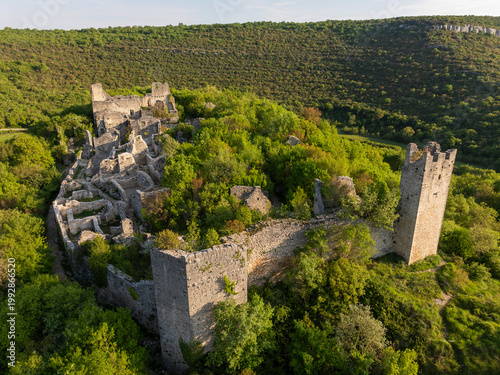 Aerial view of Dvigrad medieval castle ruins in Istria, Croatia